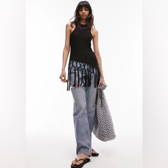 NWT Women's TOPSHOP Macrame Style Tank Top Black | Size 8/10 - Picture 1 of 7